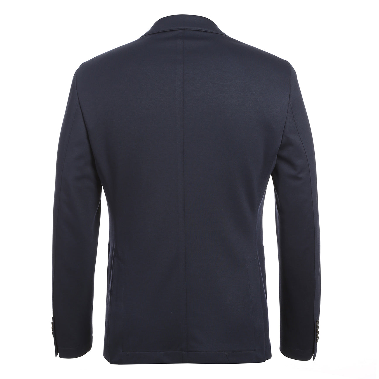 The mannequin wears a Pellagio Midnight Navy Men's Half Canvas Suit PF24-16, featuring a notched lapel, slim fit, and two buttons, paired with a white shirt and red patterned tie.