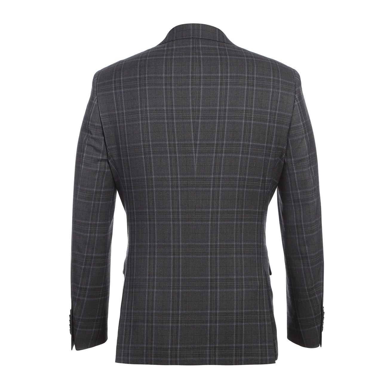 The ENGLISH LAUNDRY Dark Gray Check Suit 22-57-095EL by English Laundry features a slim fit, black and gray plaid design with a two-button closure, styled over a white shirt and blue patterned tie on a mannequin.