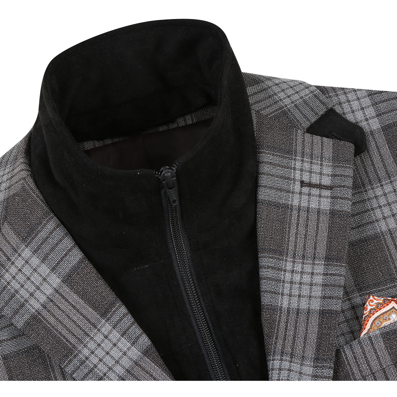 The Alessandro Vitello ALESSANDRO VITELLO Slim Fit Sport Coat 565-8 features a gray plaid wool design with black and white checks, single breasted front, two buttons, flap pockets, and an orange pocket square for a sleek look.