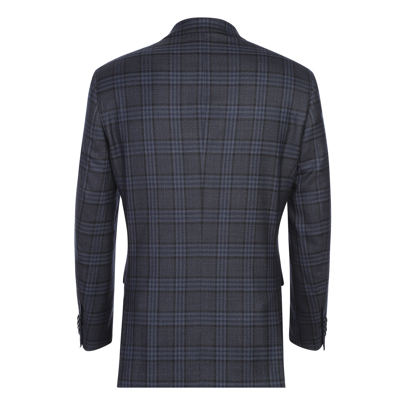 The Renoir Alessandro Vitello New Slim Fit Wool Dark Gray Blazer 567-6 features notched lapels, two buttons, flap pockets, a blue pocket square, and an orange striped tie. Close-ups show interior details and sleeve buttons.