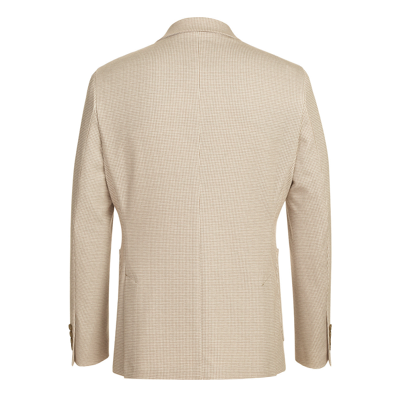 The Pellagio Men's Half Canvas Blazer Beige PS25-10 is displayed on a mannequin with a notched lapel, styled with a white dress shirt, brown patterned tie, and pocket square.