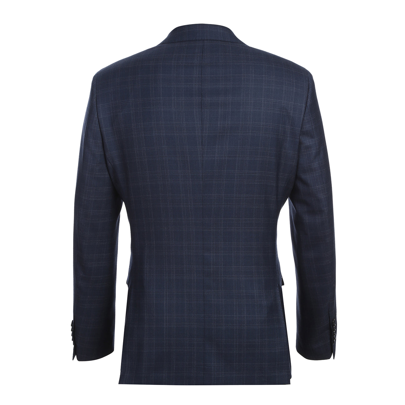 The ENGLISH LAUNDRY Blue Check Suit EL12-50-410 by English Laundry features a classic blue check pattern with notch lapels, paired with a white dress shirt and red patterned tie—an elegant, timeless men's style.