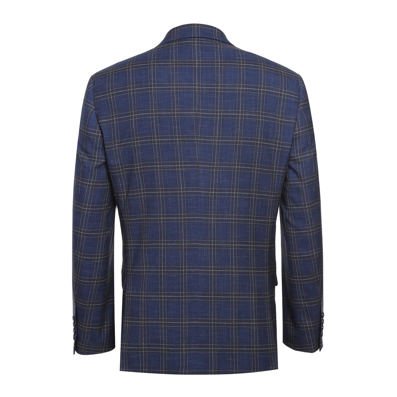 The Alessandro Vitello by Renoir Blue Slim Fit Side Vented Blazer 294-19, styled with a white shirt and purple polka dot tie, is elegantly displayed on a mannequin.