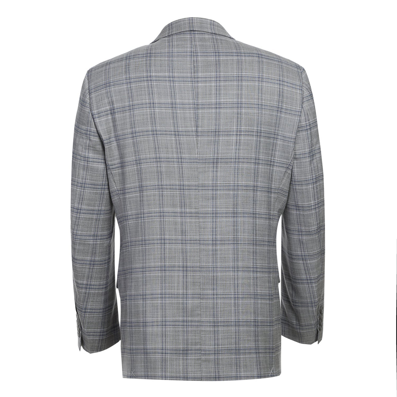 The Alessandro Vitello by Renoir Classic Fit Checked Suit Gray 293-23 is stylishly displayed on a mannequin, paired with a blue tie and white shirt.