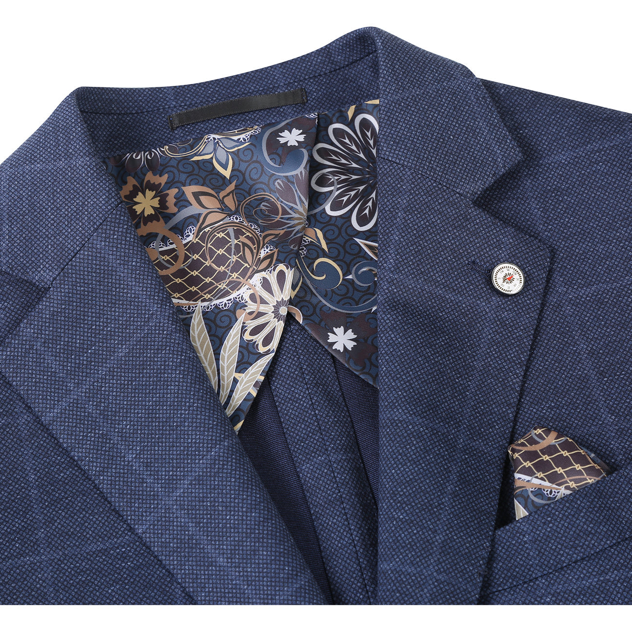 The Pellagio Riserva JKT Blazer PF24-6 by Pellagio is a dark blue plaid blazer with spandex for stretch, featuring floral inner lining and a matching pocket square.