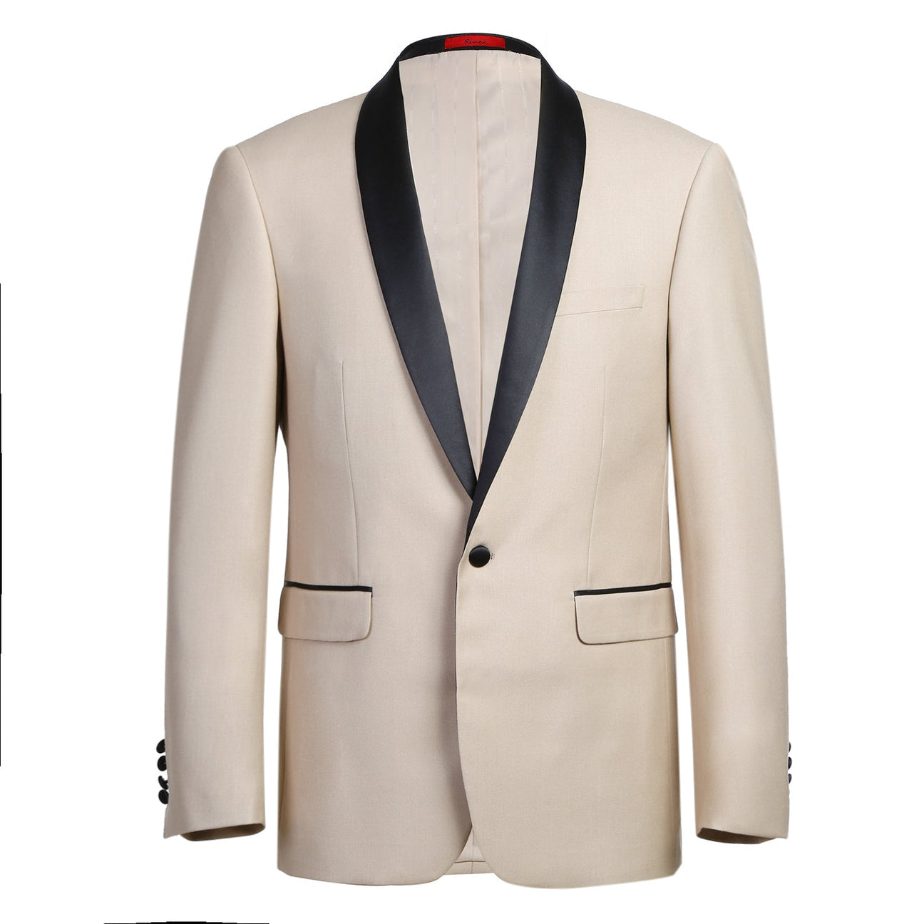The Alessandro Vitello by Renoir Slim Fit 2-Piece Shawl Lapel Beige Tuxedo Suit 201-3 features a slim fit, black shawl lapel, single-breasted jacket with front pockets, and matching trousers displayed on a white background.