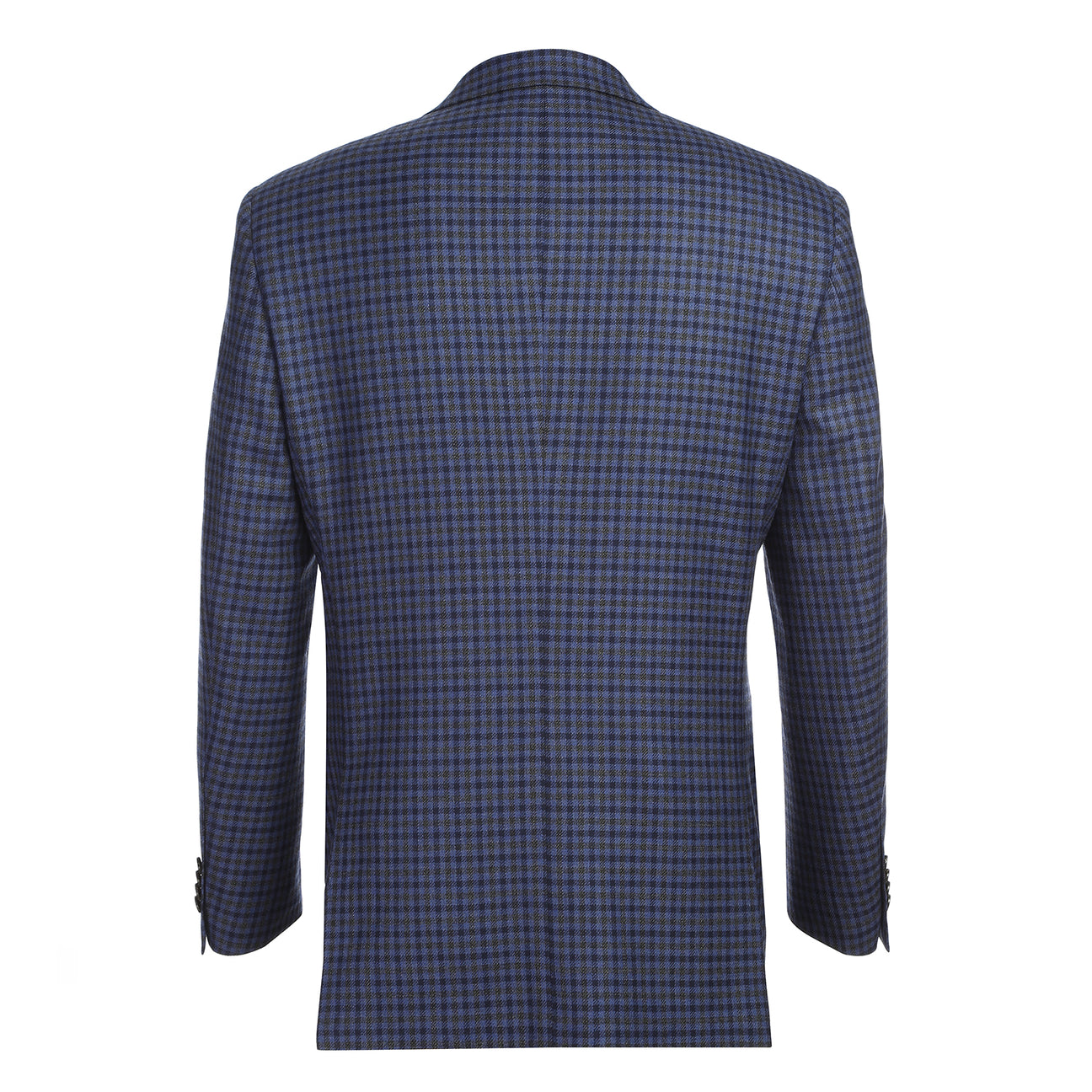 The Renoir Alessandro Vitello Classic Fit Wool Blue Blazer 565-9 is shown on a mannequin with a white dress shirt and blue patterned tie, featuring a notch lapel and a blue and black checkered pattern.