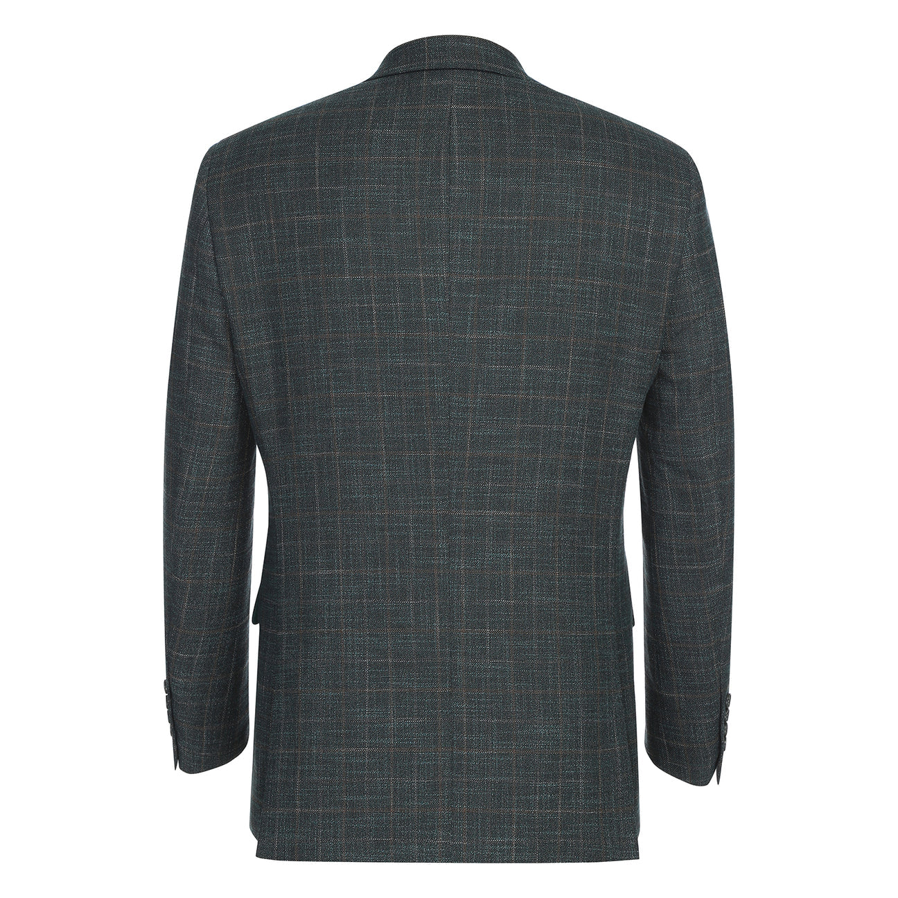 The Alessandro Vitello by Renoir New Slim Fit Blazer Green 294-48, a single-breasted jacket with peak lapels, is displayed on a mannequin. Paired with a white shirt and patterned beige tie and pocket square, this ensemble offers a sleek slim fit for the modern sophisticate.