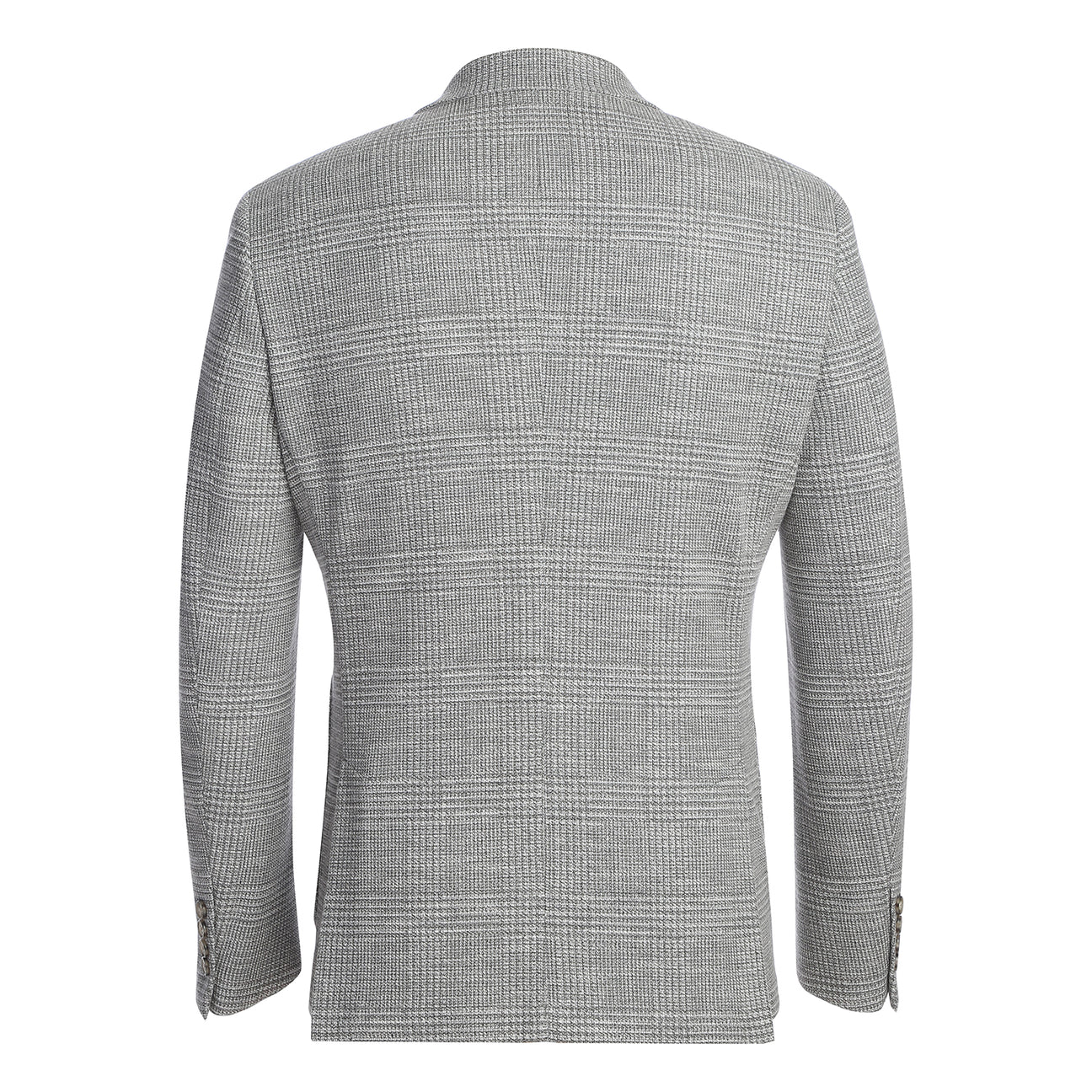 The Pellagio Light Gray Men's Slim Fit Riserva Jacket PS26-11 is styled on a mannequin with a white shirt, black tie, and black pocket square for a sleek look.