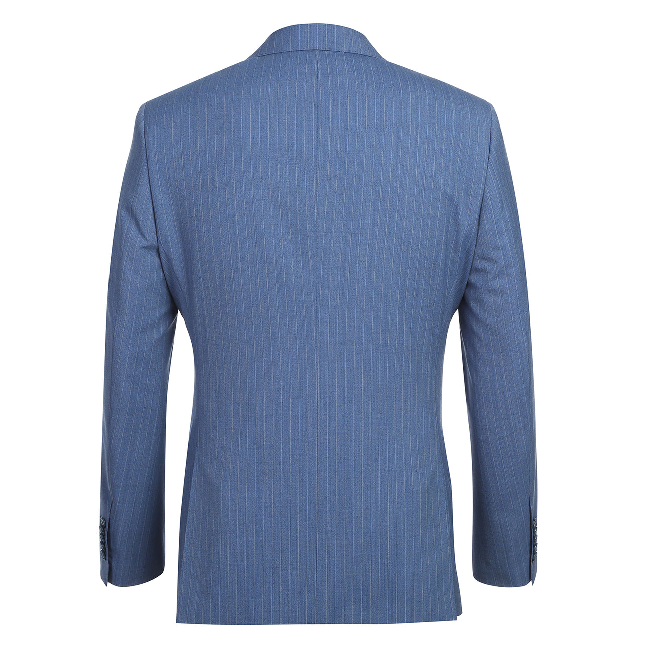 The ENGLISH LAUNDRY Light Blue Wool Suit EL92-33-412 by English Laundry features a slim fit, peak lapels, and pinstripes; displayed on a mannequin with a white dress shirt and blue patterned tie.