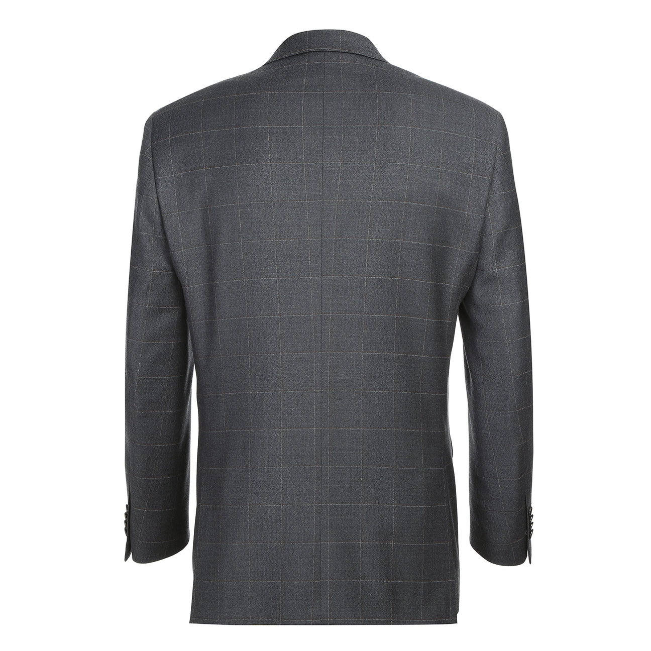 The Renoir Alessandro Vitello Classic Fit Wool Gray Suit 566-6 features a dark gray plaid jacket, paired with a white shirt and blue patterned tie, shown on a mannequin—ideal for those seeking a timeless men's single-breasted suit.