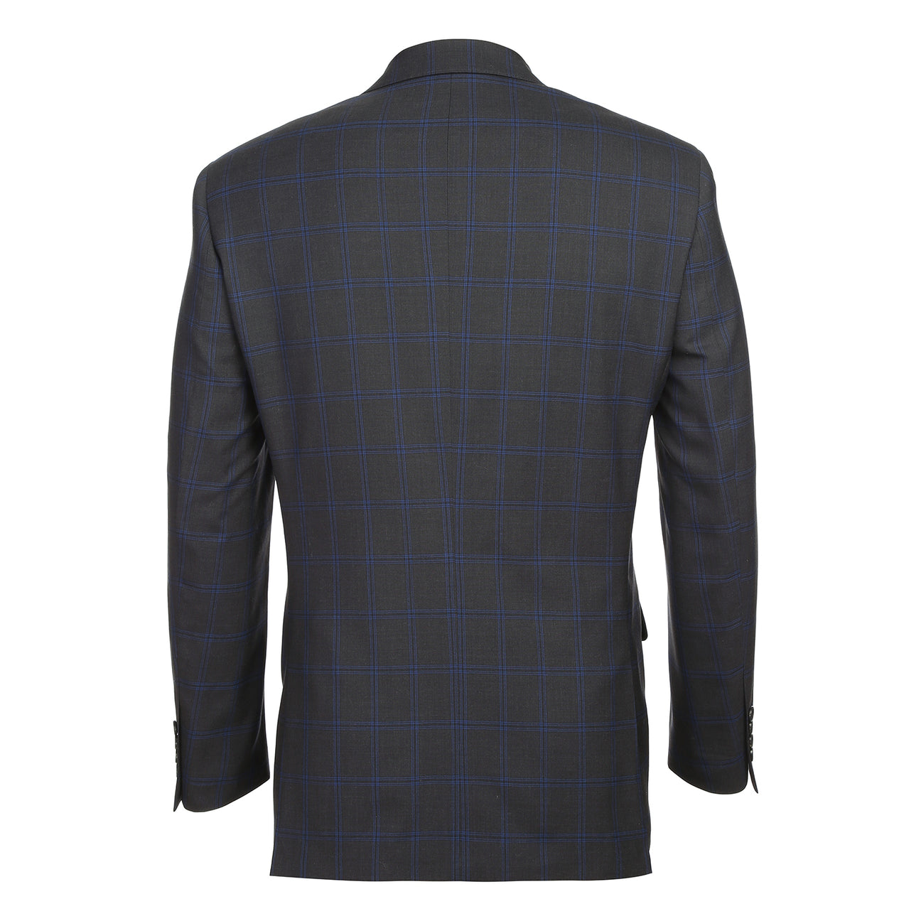 The Alessandro Vitello ALESSANDRO VITELLO New Slim Fit Wool 566-8 Suit features a navy check single-breasted jacket on a mannequin, paired with a white shirt and blue striped tie. Made from 100% wool, it offers stylish comfort for formal occasions.