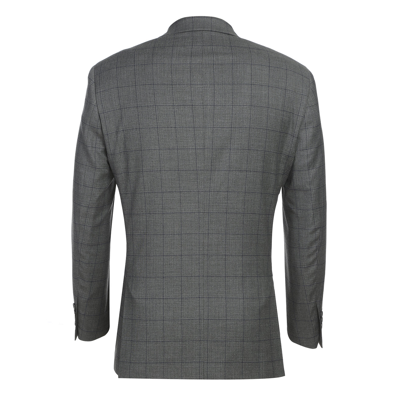 The Alessandro Vitello by Renoir Double-Breasted New Slim Fit Gray Suit 293-44 features a gray plaid design, styled here on a mannequin with a white shirt, maroon polka dot tie, and patterned pocket square for sharp modern elegance.