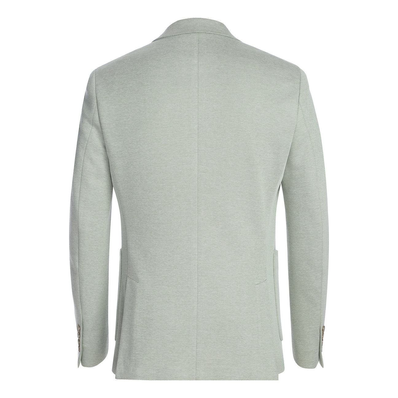 The Pellagio Light Green Men's Slim Fit Riserva Jacket PS26-3, styled on a mannequin with a white shirt, striped tie, and green pocket square, offers a sharp and modern look from the Pellagio brand.