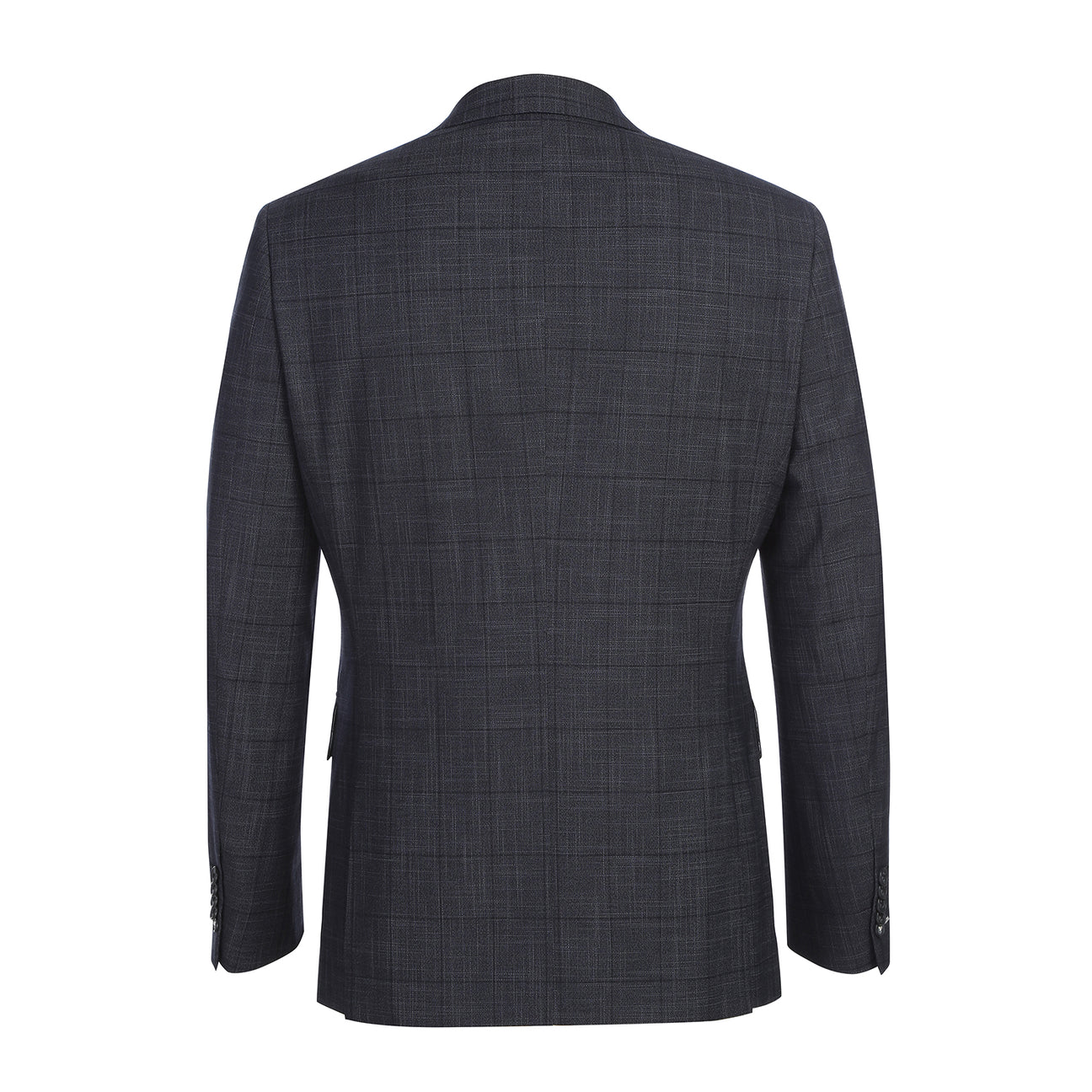 The ENGLISH LAUNDRY Dark Gray Check Suit 22-53-095EL by English Laundry features a slim fit jacket with notch lapels, shown over a white dress shirt and red polka dot tie on a mannequin.