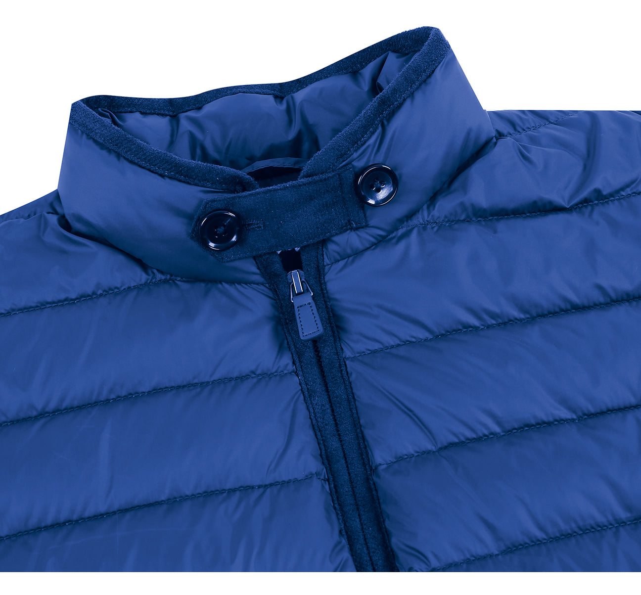The Alessandro Vitello by Renoir Jonathan Nylon Down Navy Vest 831-9 is a blue, padded sleeveless jacket featuring a high collar and zipper closure, making it ideal for winter days. Designed by Renoir and crafted as a nylon down vest, it offers warmth without the weight.