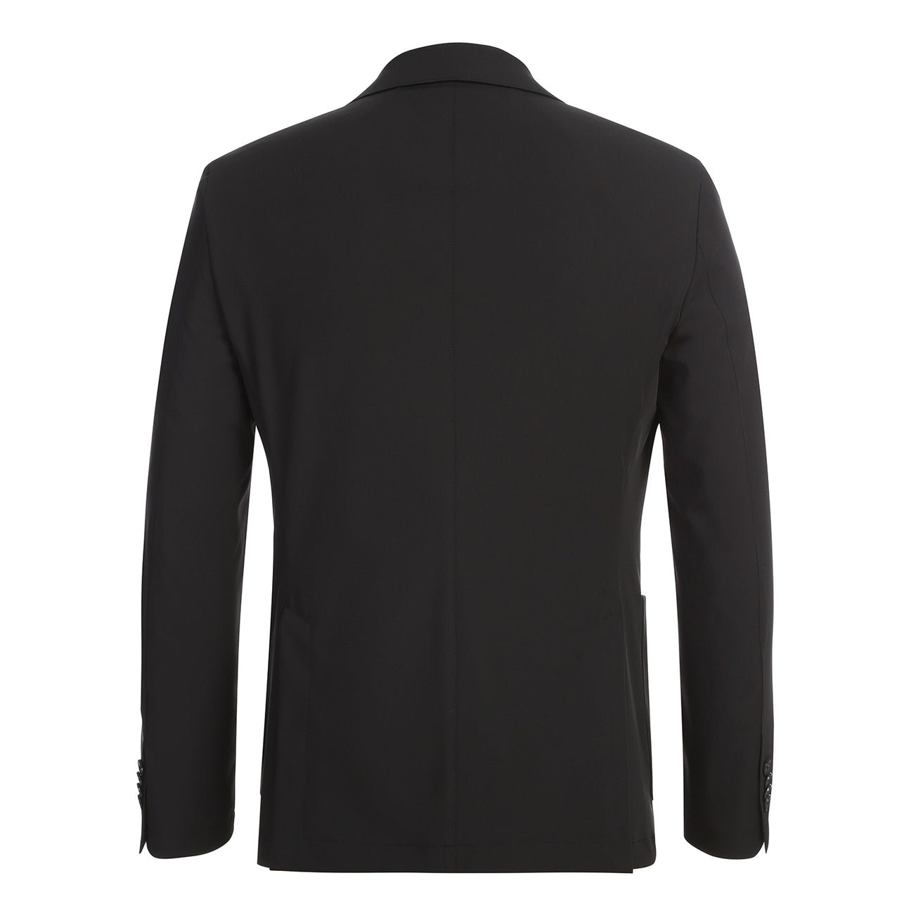 The Pellagio Men's Half Canvas Suit Black PS25-16, a slim fit single-breasted jacket with notch lapels, is shown over a white shirt and maroon patterned tie on a mannequin against a white background.