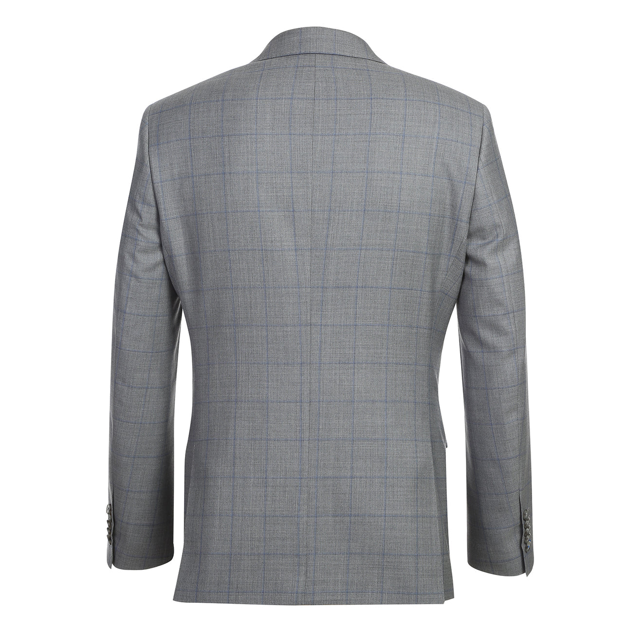 The ENGLISH LAUNDRY Wool Suit EL92-55-092 by English Laundry is a gray plaid wool slim-fit jacket with notch lapels, two buttons, and flap pockets, displayed over a white shirt and blue tie on a mannequin.
