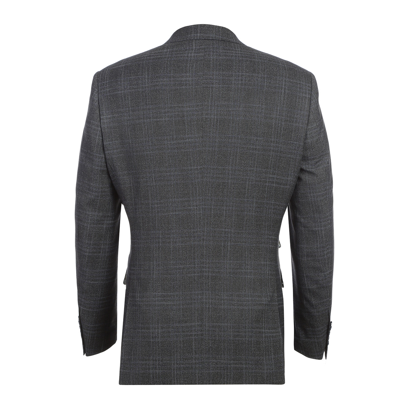 The English Laundry Navy Gray Check Suit 22-68-410EL features a modern slim fit jacket with notch lapel, crisp white shirt, and blue patterned tie—an ideal look for any occasion. Displayed on a mannequin against a white background.