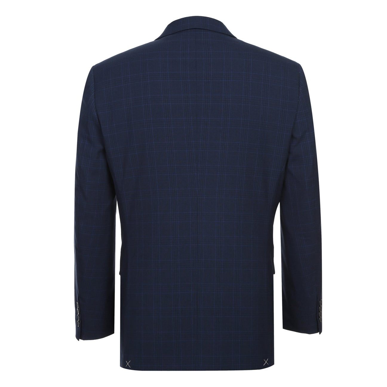The Alessandro Vitello by Renoir Classic Fit Checked Suit in Marine Blue, styled on a mannequin with a white dress shirt and blue striped tie.