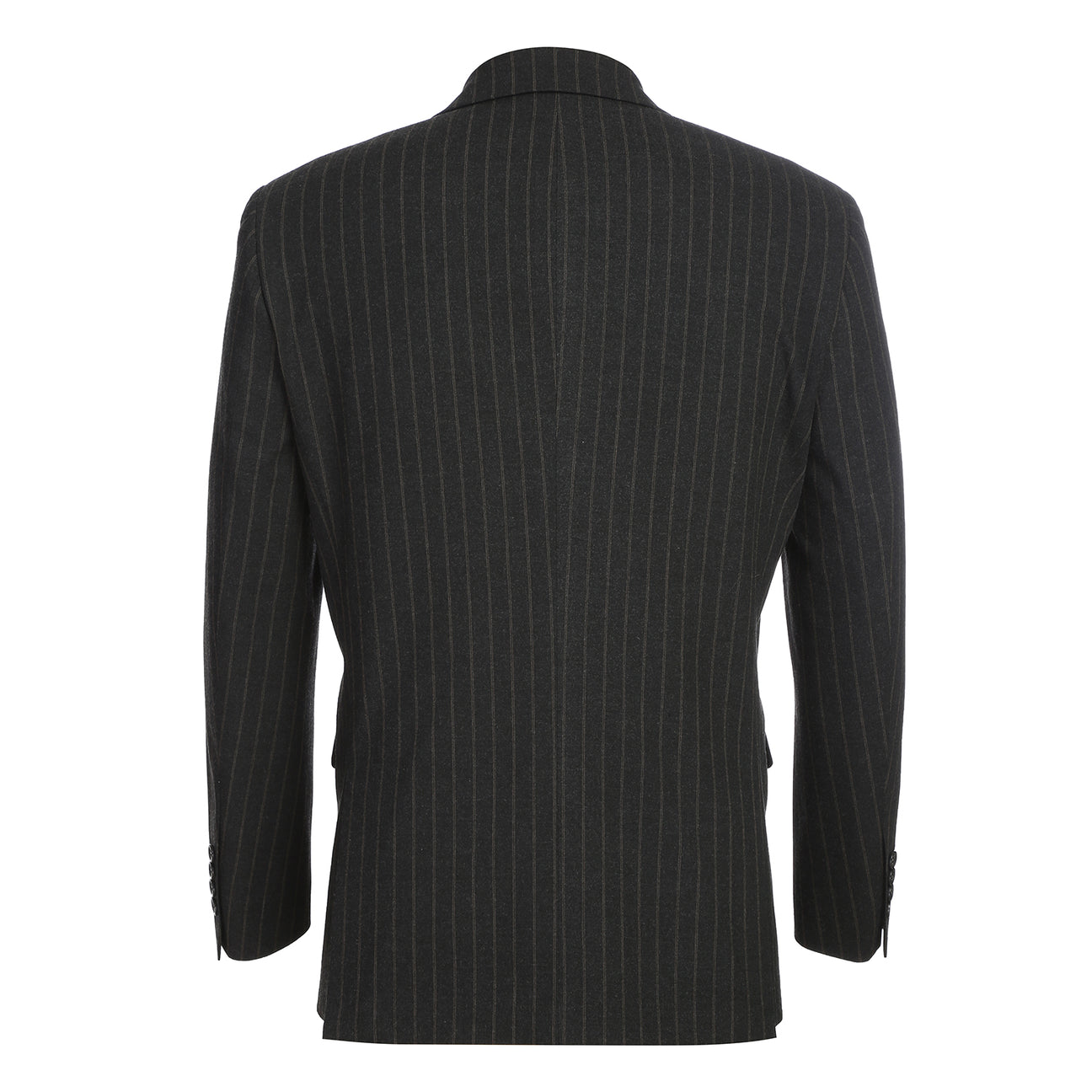 The Alessandro Vitello by Renoir New Slim Fit Suit 293-55 showcases a dark pinstripe, single-breasted jacket with notch lapels and side vents, paired with matching flat front pinstripe trousers.