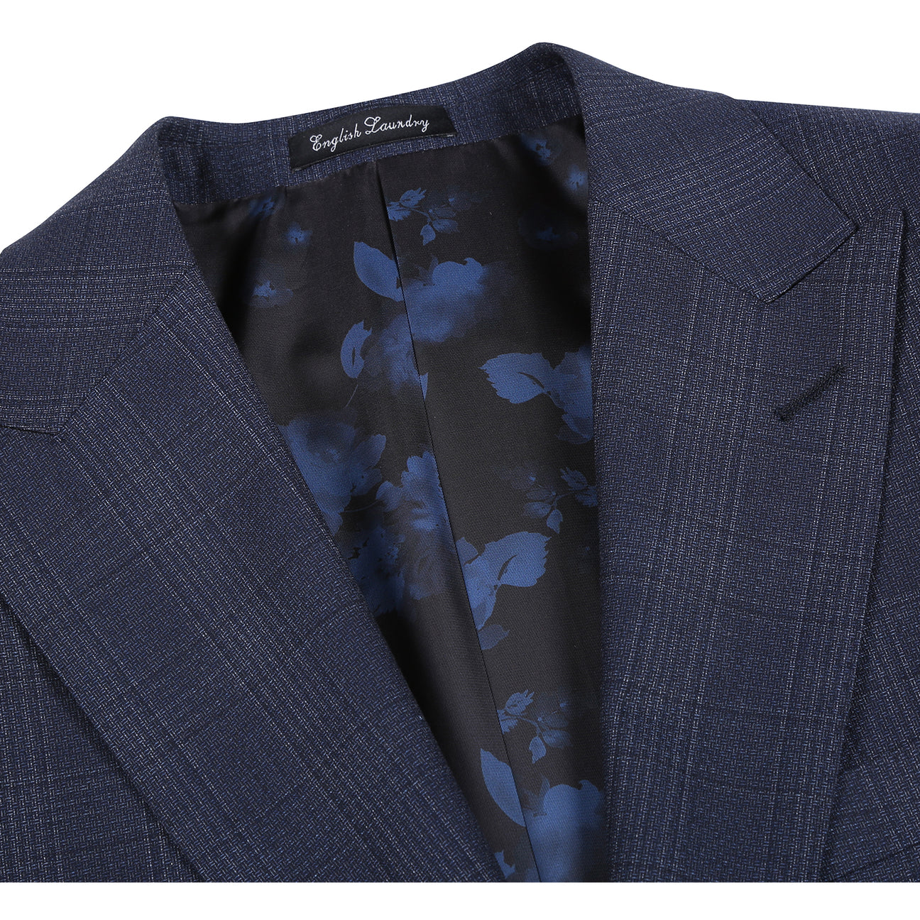 A man wears the English Laundry ENGLISH LAUNDRY 2pc Wool Suit Navy EL22-60-410; close-ups highlight its navy plaid fabric (90% wool, 10% polyester), inner lining, buttons, and embroidered label.