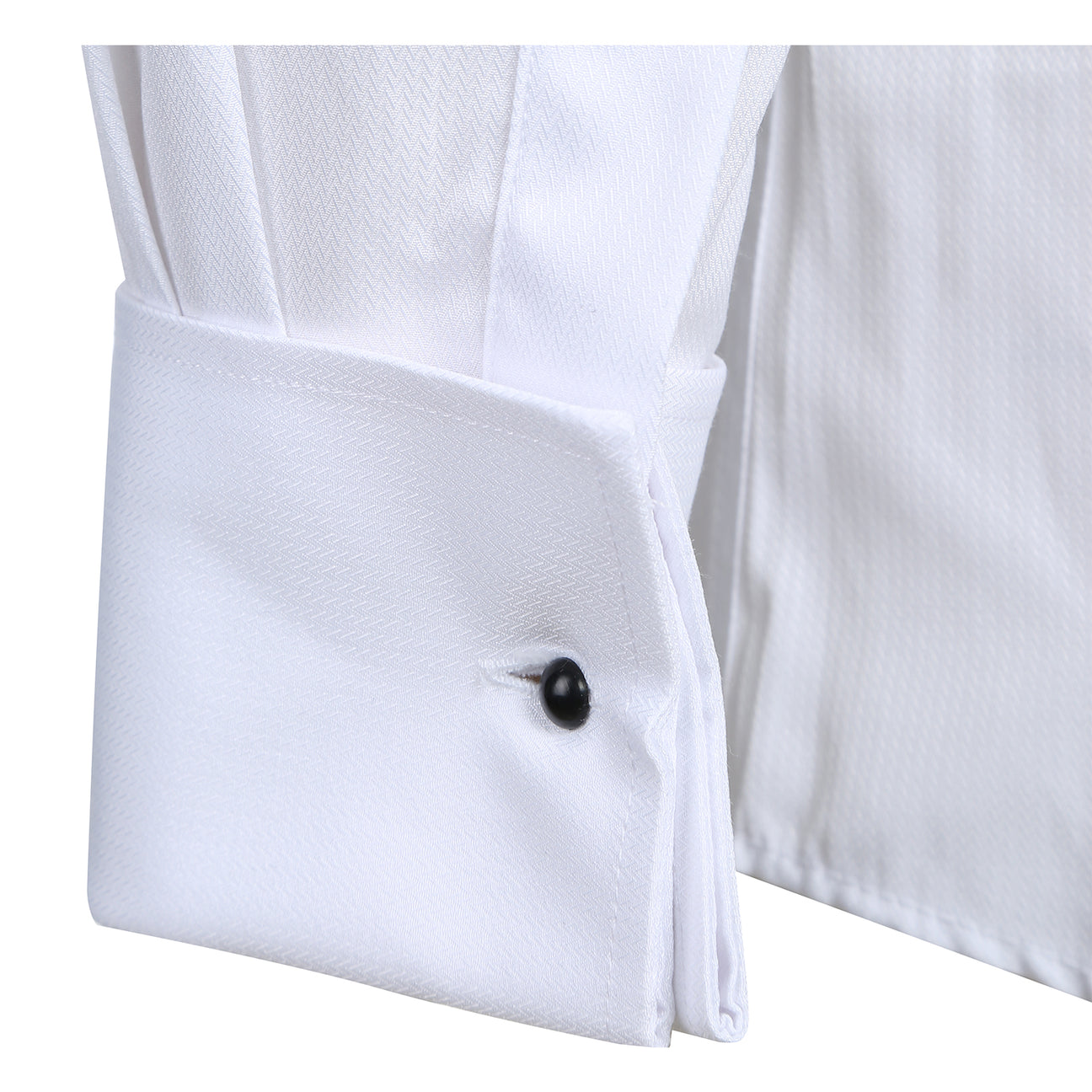 The Renoir VERNO White Slim Fit Long Sleeve Tuxedo Dress Shirt TUX01 features black buttons and a classic collar, shown neatly folded on a white background.