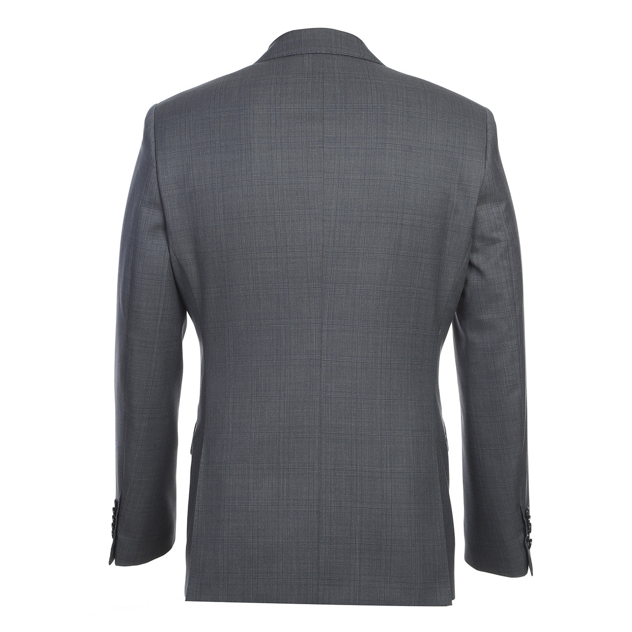 The English Laundry Grey Wool Suit EL92-58-095 features a slim fit, notch lapels, two buttons, and flap pockets. Crafted from 90% wool, it's displayed over a white dress shirt and navy striped tie on a mannequin.