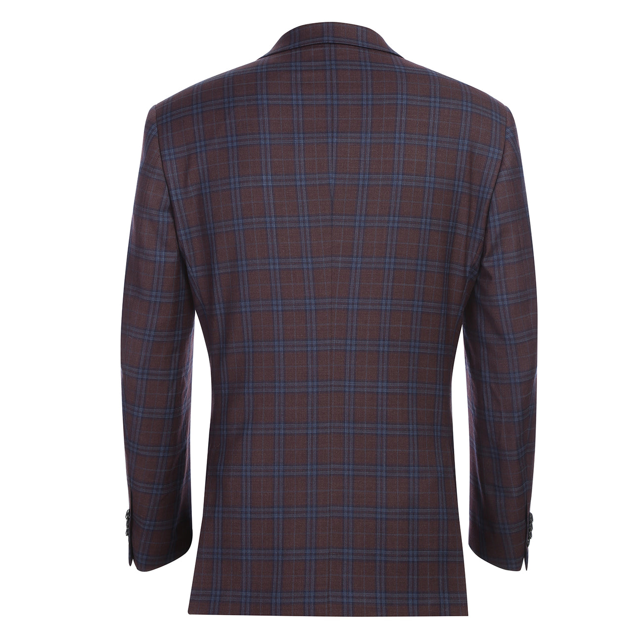 Plaid suit jacket with a purple tie and pocket square on a mannequin, with close-up details of the fabric and brand label.
