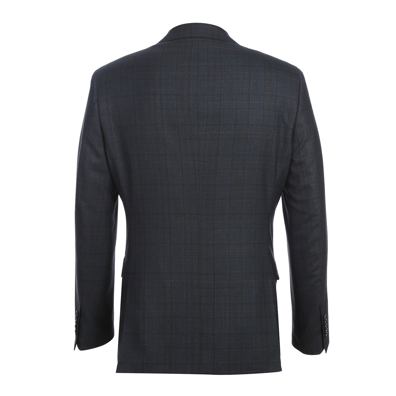 The ENGLISH LAUNDRY Dark Navy Check Suit EL12-56-475 by English Laundry is displayed on a mannequin with notched lapels, a white shirt, and striped tie—a sharp, modern two-button suit perfect for any occasion.