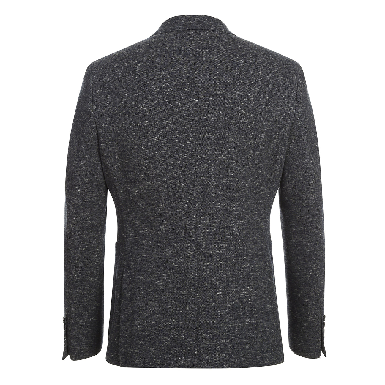 The Pellagio Men's Half Canvas Blazer Gray Blue PF24-1, a slim fit with notched lapel, is showcased on a mannequin with a white shirt, striped tie, and colorful pocket square.