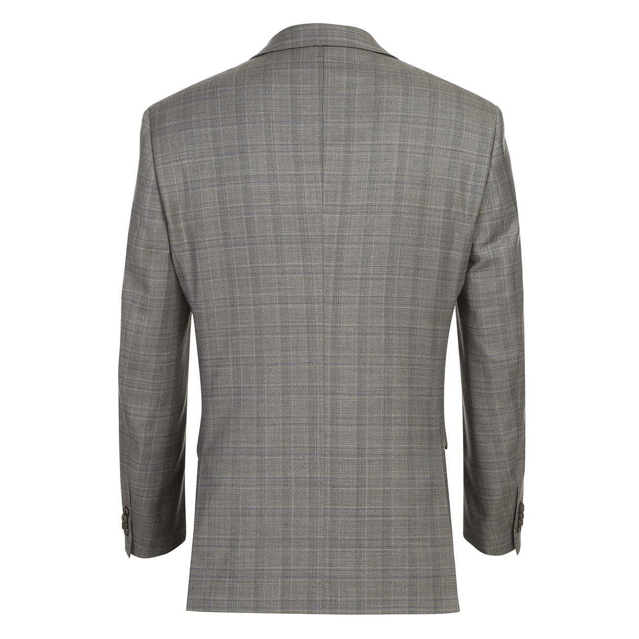 The Renoir Alessandro Vitello by Renoir Classic Fit Wool Suit 566-12, a gray plaid men's two-button jacket with notch lapels, is styled on a mannequin with a white dress shirt and red patterned tie.