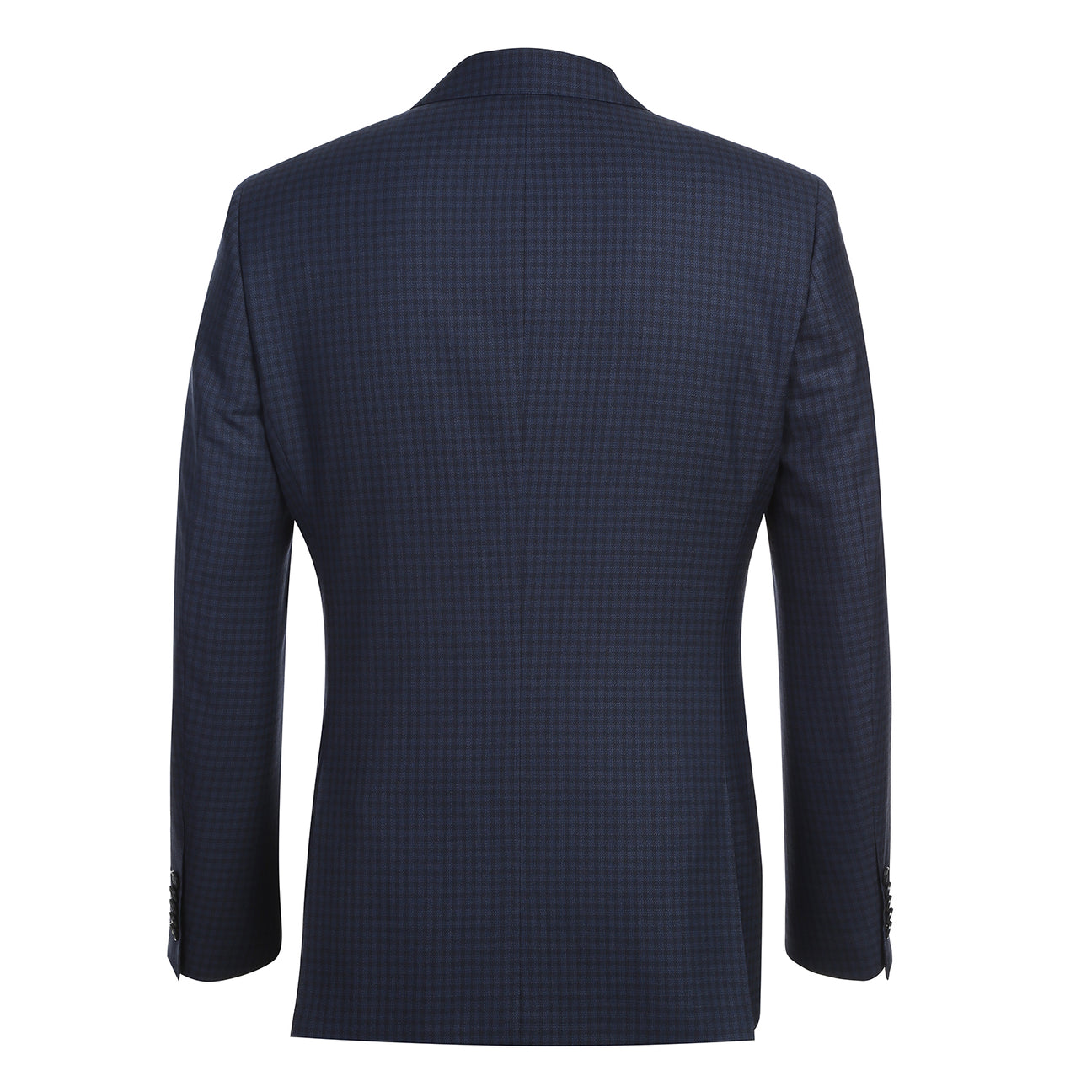 The ENGLISH LAUNDRY Wool Suit EL92-51-410 by English Laundry is a navy blue checkered slim fit jacket, shown over a white dress shirt with a red patterned tie on a headless mannequin.