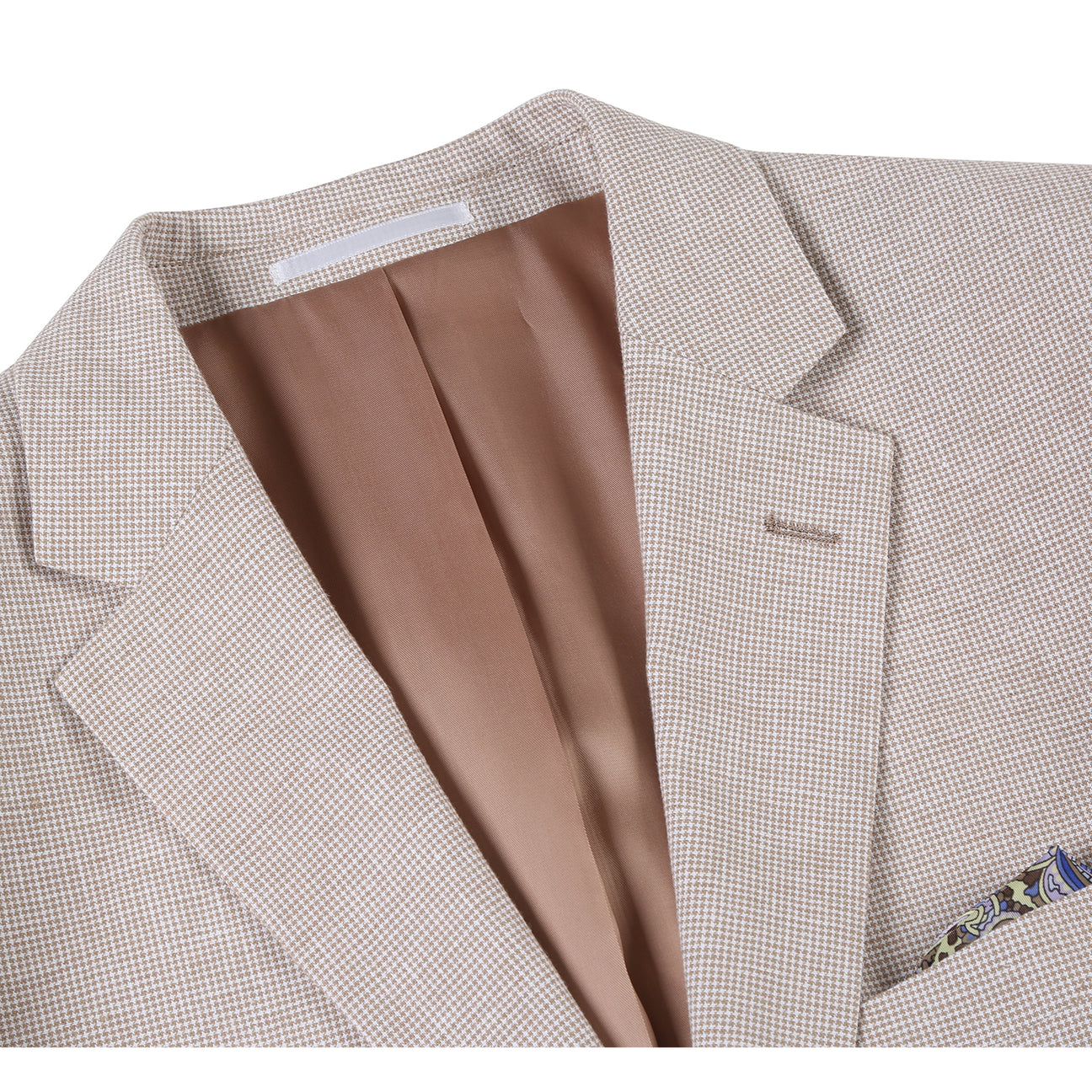 The Renoir Alessandro Vitello Classic Fit Sport Coat 610-5, in light beige cotton-linen, is styled on a mannequin with a white dress shirt and dark purple polka dot tie.