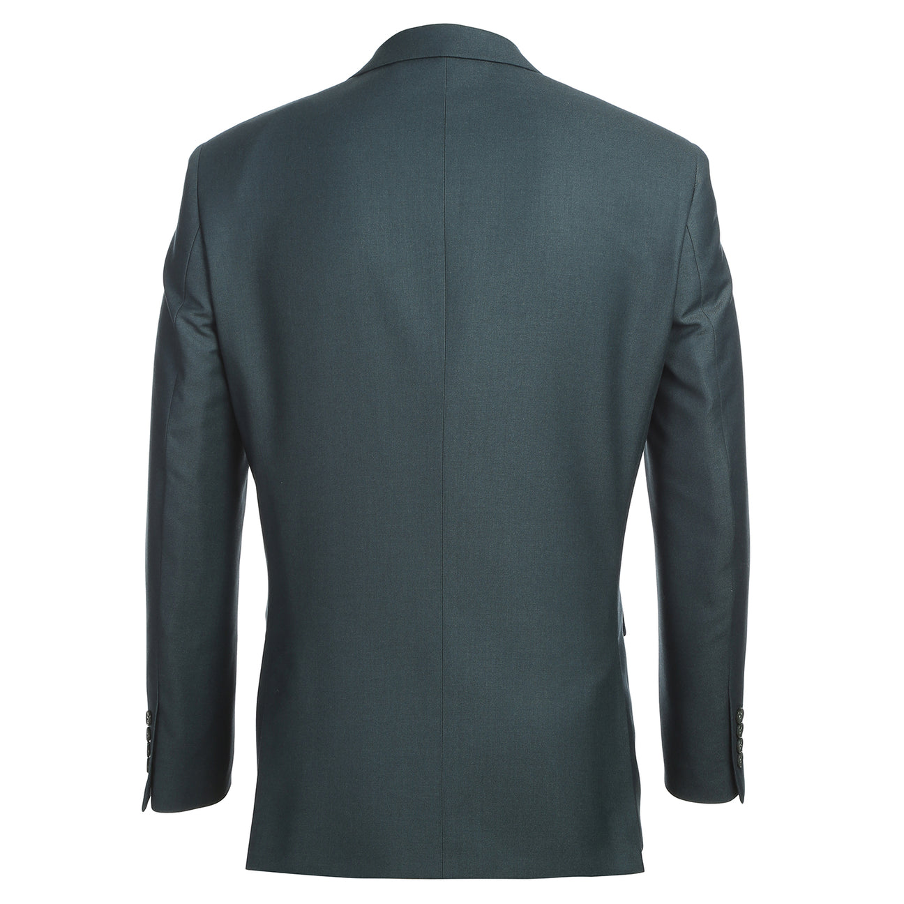 The Renoir Alessandro Vitello 2-Piece New Slim Fit Forest Green Suit (201-13) is shown over a white dress shirt with a blue striped tie, displayed on a mannequin against a white background.