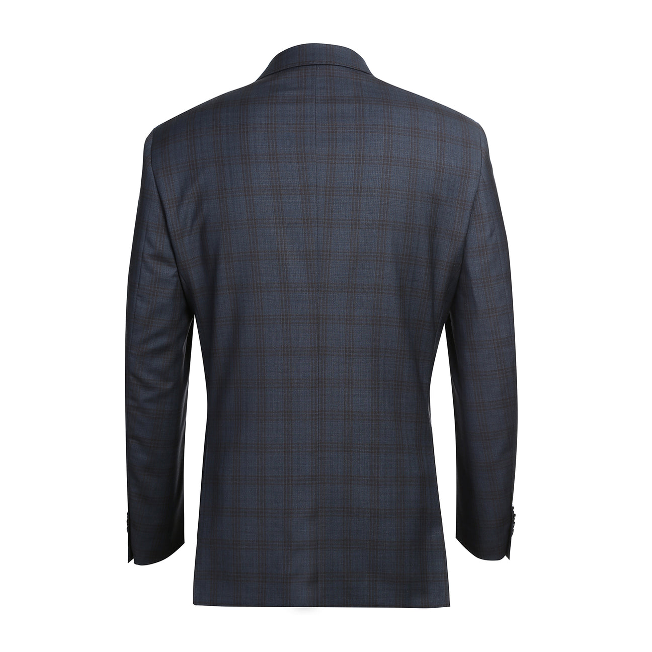The Alessandro Vitello by Renoir 2-Piece Classic Fit Wool Suit, made from 100% Wool Super 140's, features a dark plaid pattern with a notch lapel and single button closure. It's paired with a white dress shirt and brown patterned tie on a mannequin displaying its 2B side-vented design.
