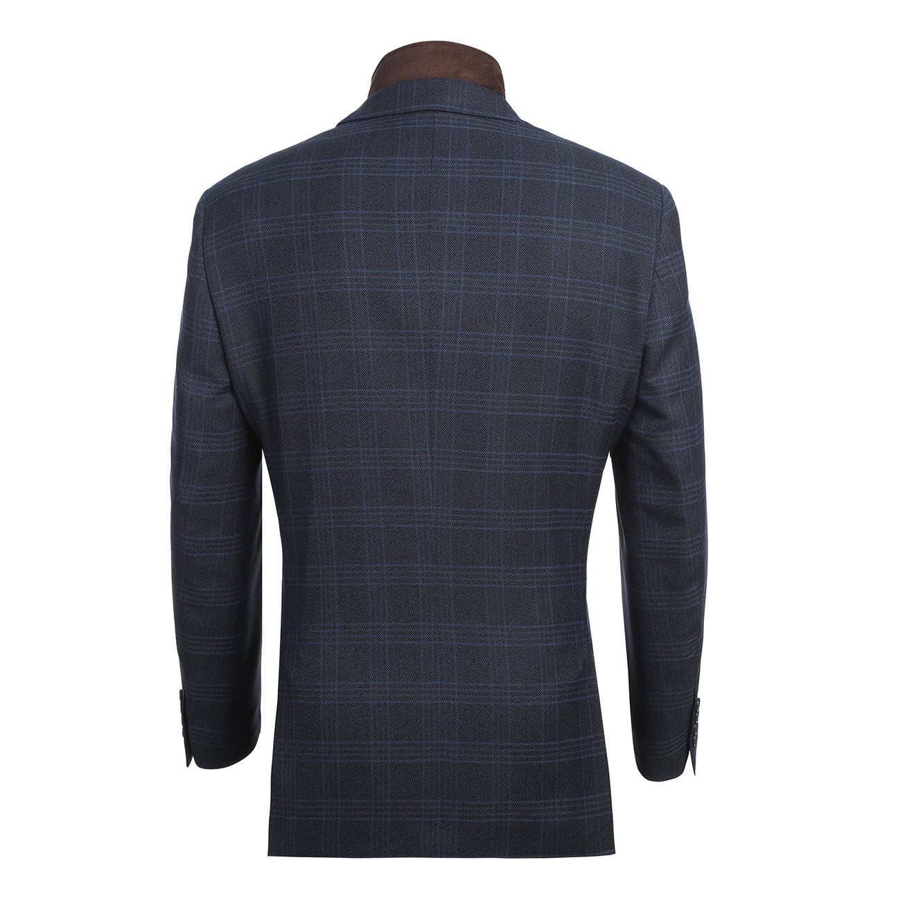 The Alessandro Vitello by Renoir Classic Fit Bib Blue Blazer 294-34, featuring a notch lapel and plaid pattern, is styled with pockets, a patterned pocket square, and worn over a brown zip-up vest.