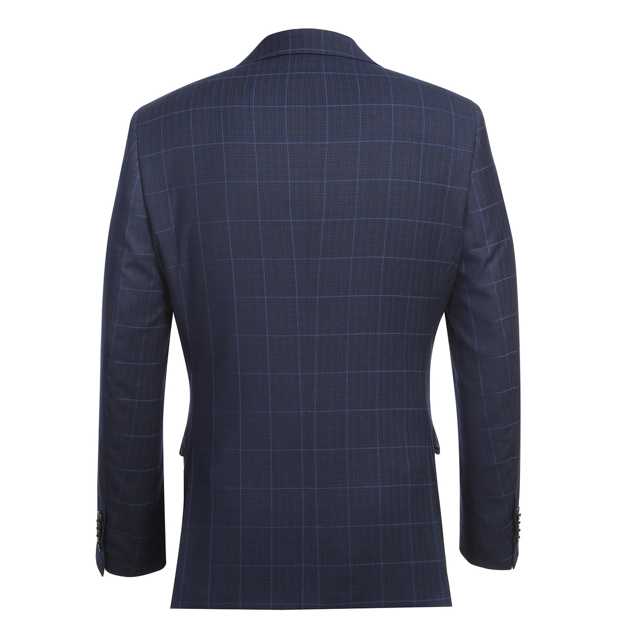 The ENGLISH LAUNDRY Midnight Blue Check Suit 12-55-410EL by English Laundry, featuring a slim fit jacket with notch lapels, is paired with a white dress shirt and red patterned tie on display.