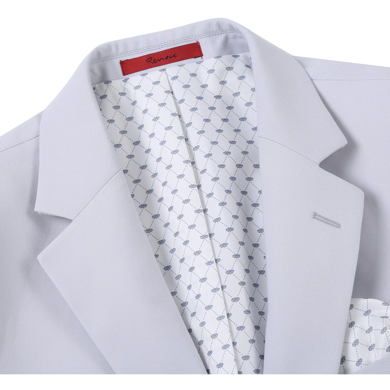 The Alessandro Vitello by Renoir 2-Piece Slim Fit Suit in Perl Gray features a single-breasted notch lapel jacket, shown on a mannequin with a white shirt, brown and pink striped tie, and dotted pocket square for lightweight comfort.