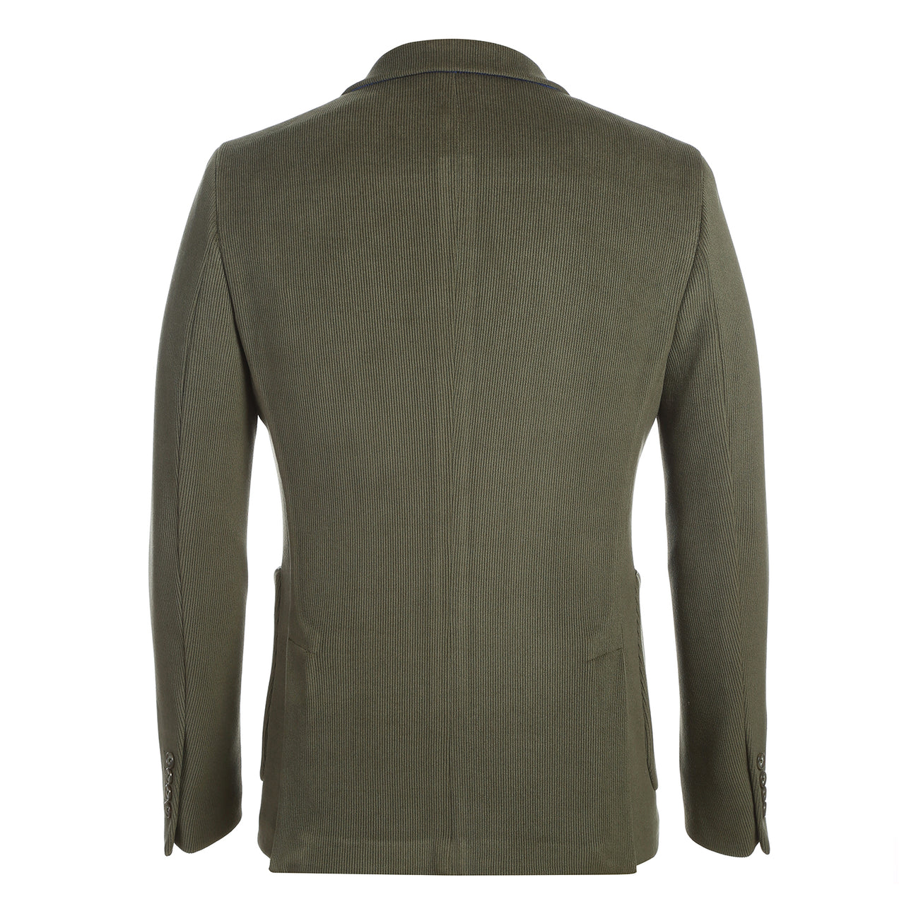 Pellagio Men's Half Canvas Blazer Olive PF24-8 by Pellagio features a slim fit, notched lapel, two-button closure, front patch pockets, and is paired with a striped tie, white dress shirt, and patterned pocket square in the chest pocket.