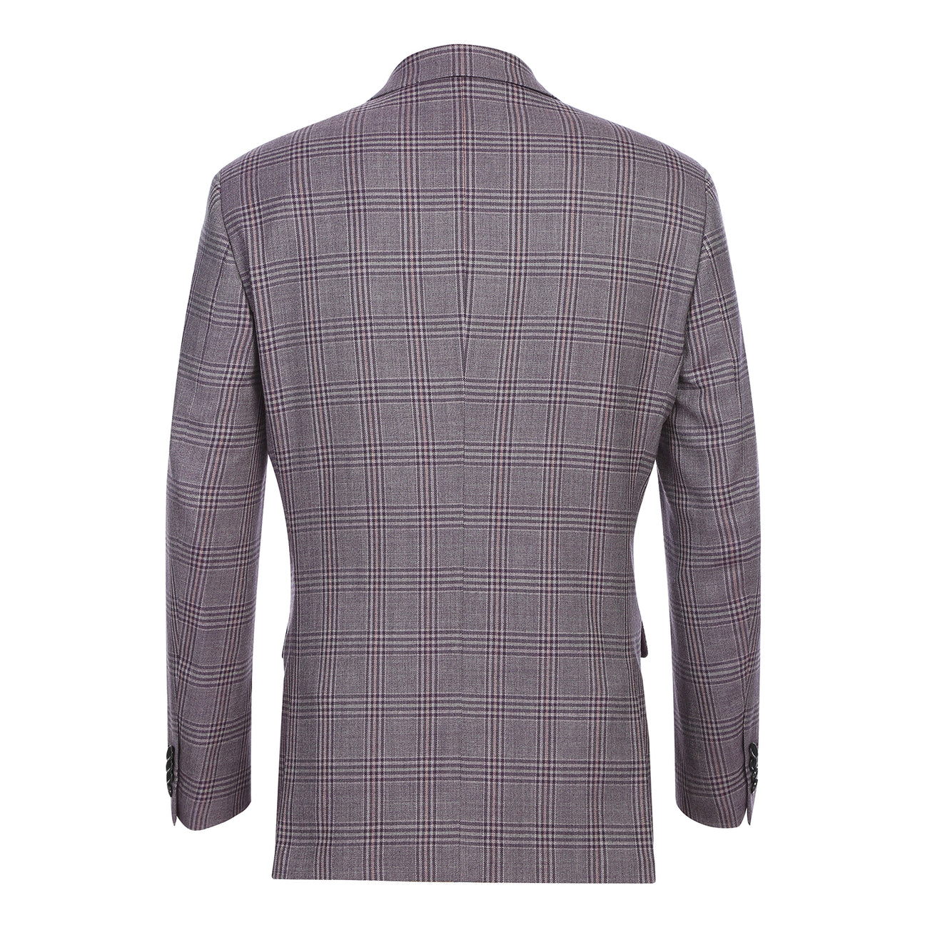 The Alessandro Vitello by Renoir New Slim Fit Wool Purple Blazer 567-2 features a purple plaid design with a notch lapel, shown paired with a white shirt, purple tie, and pocket square; crafted from 100% wool with close-up fabric and label details.