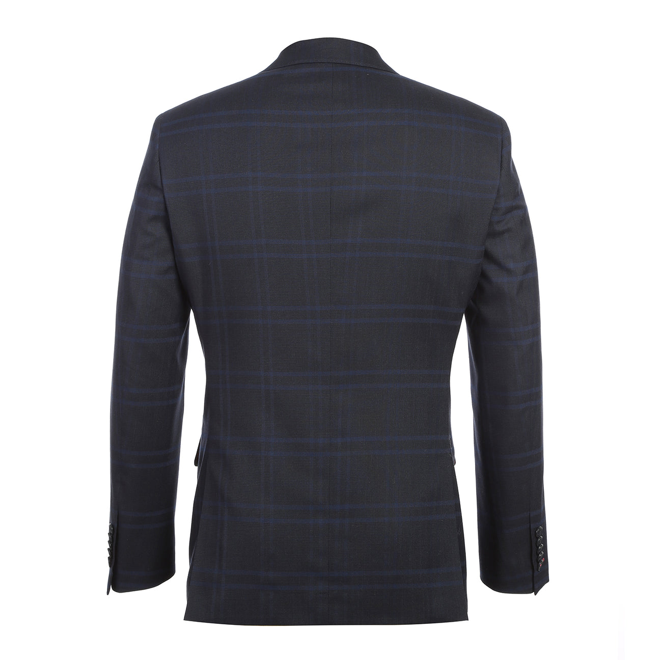 The ENGLISH LAUNDRY Navy Check Suit 22-20-410EL by English Laundry features a slim fit jacket with notched lapels, two-button closure, white dress shirt, and blue patterned tie—perfect for any formal occasion.