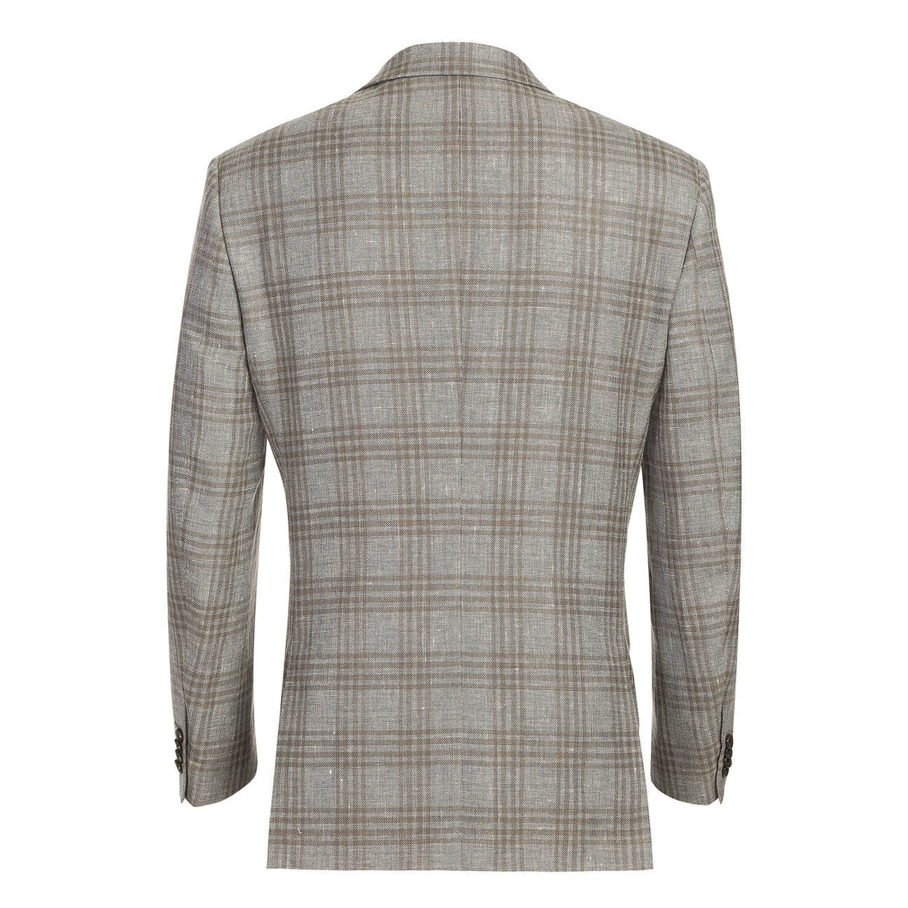 The Renoir Alessandro Vitello Classic Fit Wool Gray Brown Blazer 565-13 is displayed on a mannequin with a notch lapel, matching vest, white dress shirt, beige patterned tie, and pocket square.