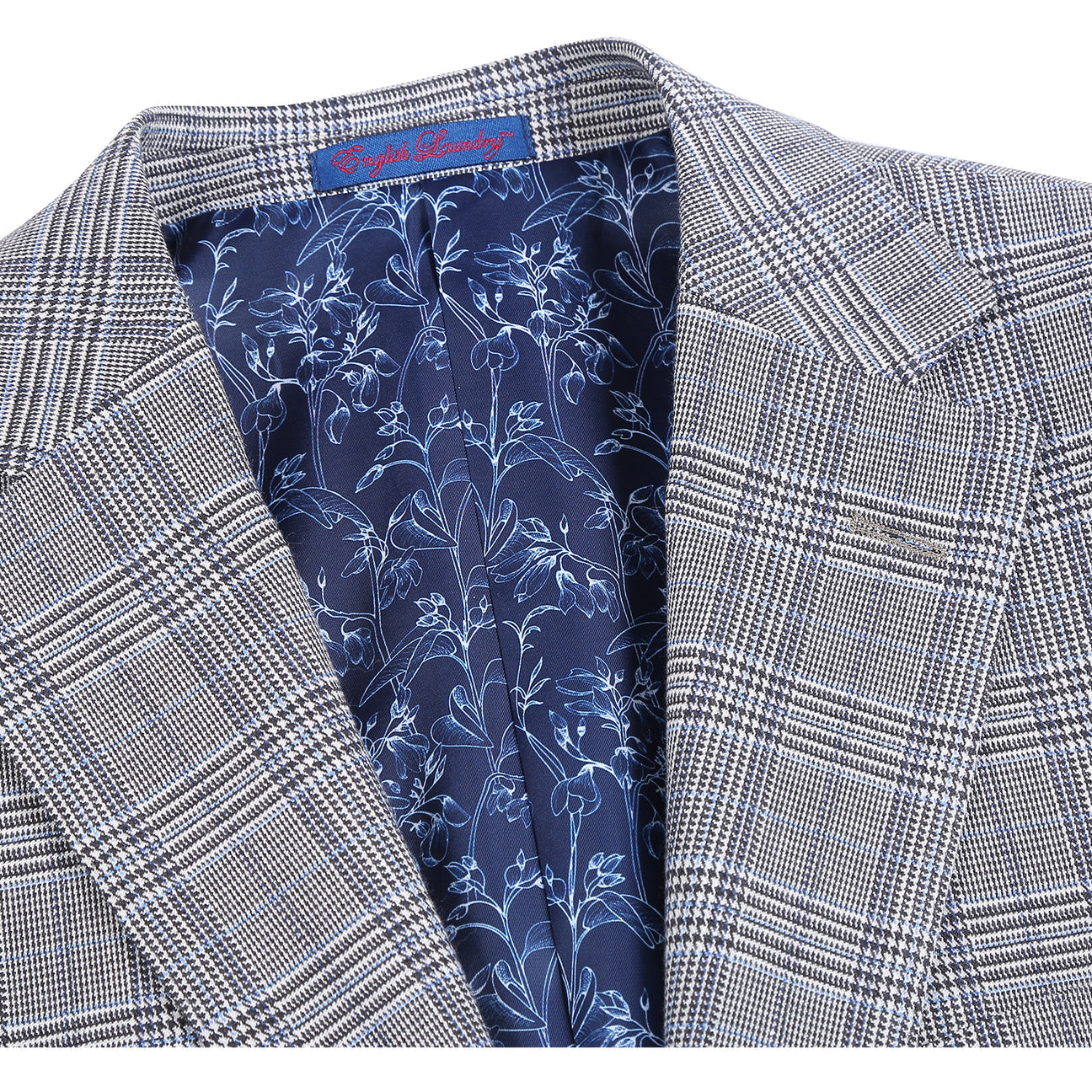English Laundry 2pc Suit Light Gray 32-50-002EL: Men’s slim-fit single-breasted grey plaid blazer with two-button closure, two front pockets, and a blue patterned lining—versatile for any modern wardrobe. Displayed on a white background.