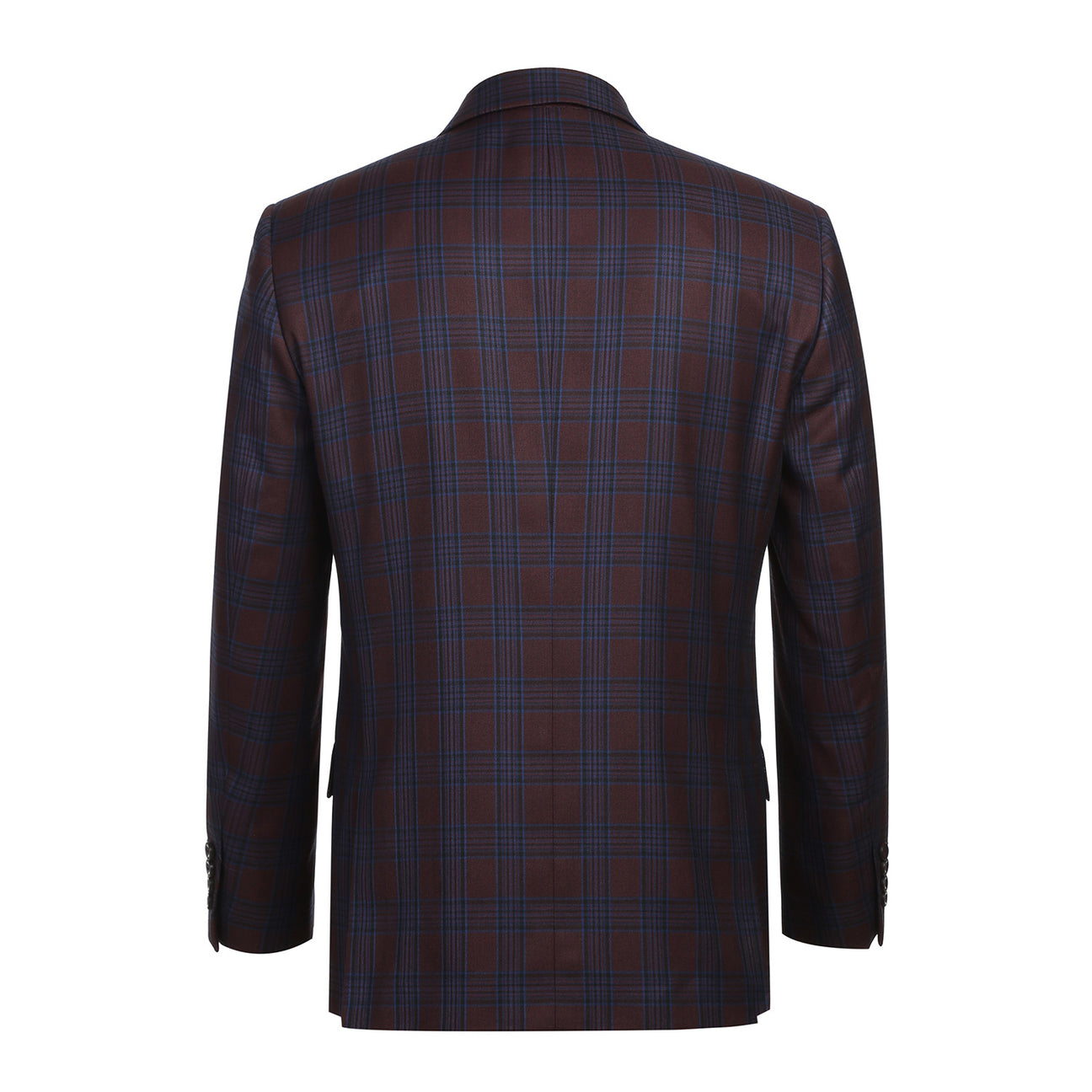 A mannequin displays an Alessandro Vitello by Renoir blazer in a burgundy slim fit, single-breasted style with side vents, paired elegantly with a white shirt and black polka dot tie.