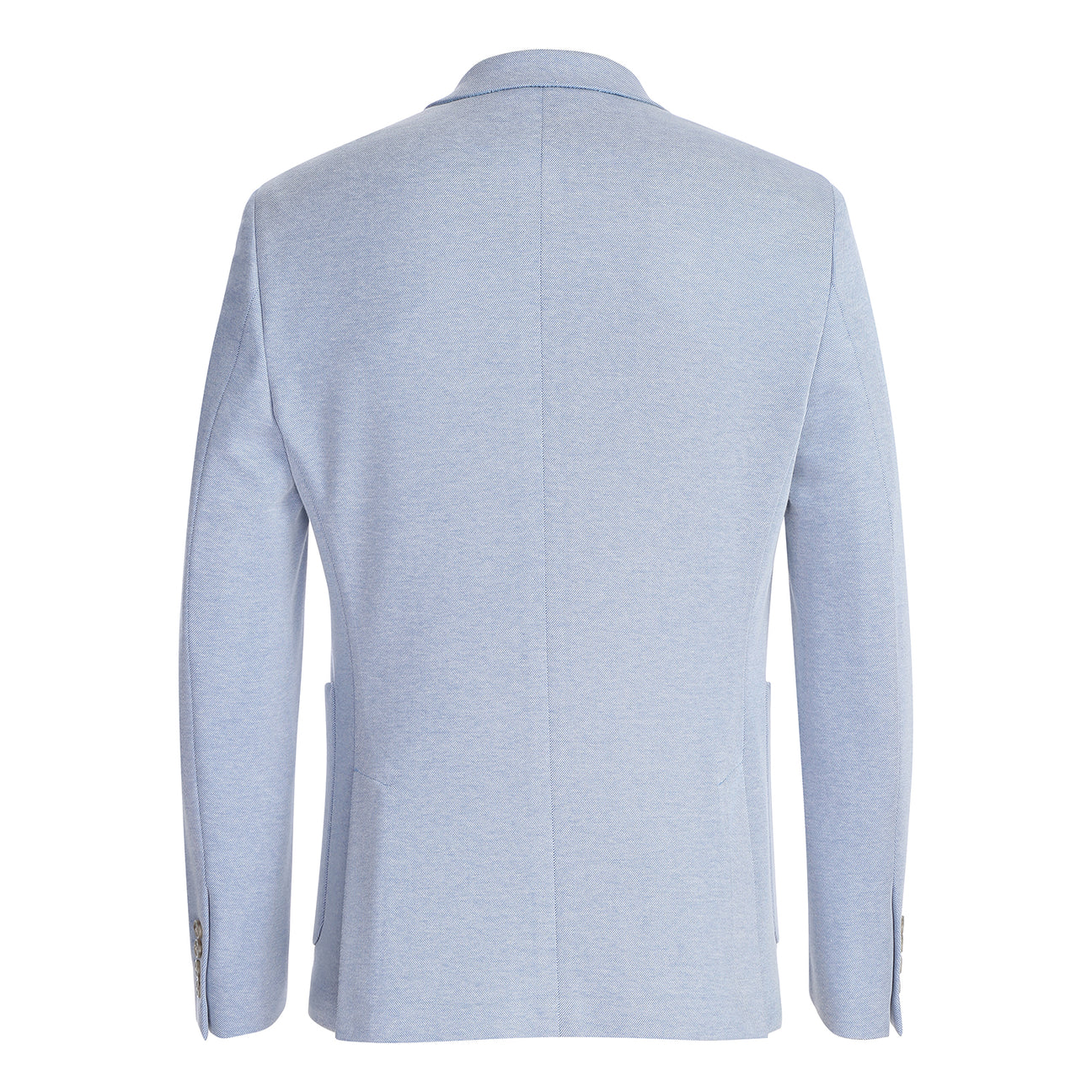 The Pellagio Light Blue Men's Slim Fit Riserva Jacket PS26-4 is shown on a mannequin, styled with a white shirt, multicolored plaid tie, and patterned pocket square for a modern Pellagio look.