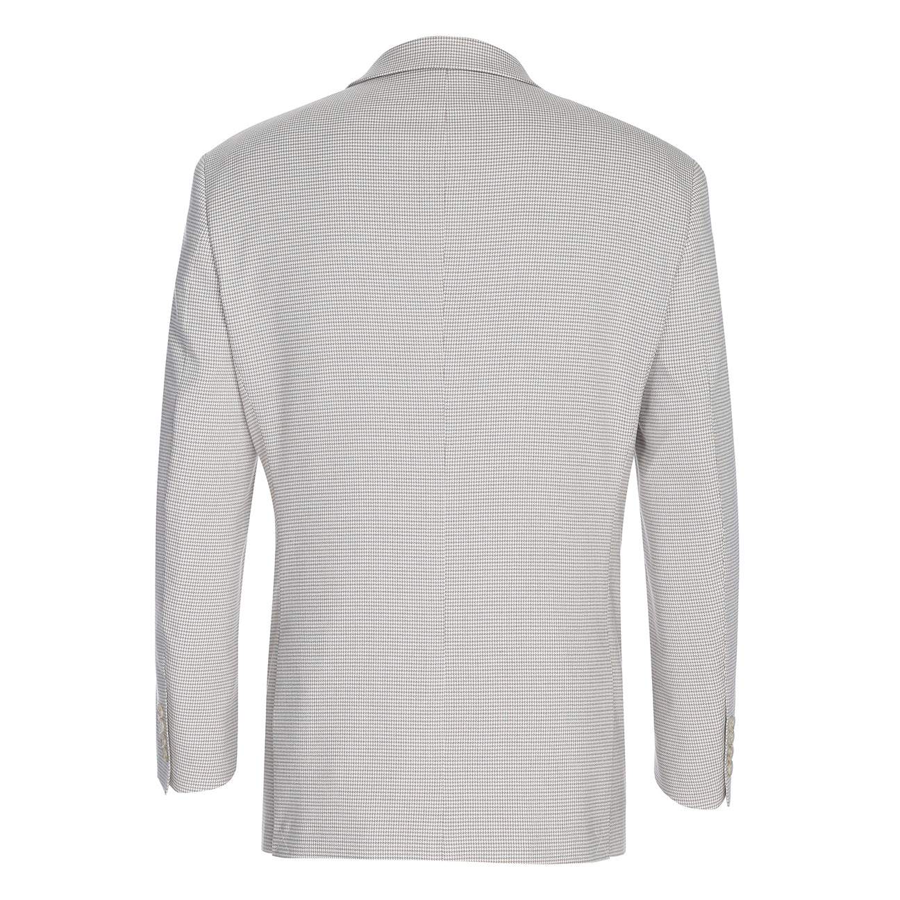 The Alessandro Vitello by Renoir Classic Fit Bib Light Beige Blazer 294-66 is displayed with a white dress shirt, dark patterned tie, and pocket square. This Renoir blazer features a notch lapel, two-button closure, and classic fit style.