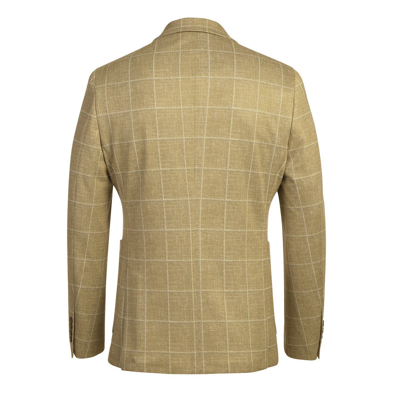 The Pellagio Men's Half Canvas Blazer Rattan PS25-2, a slim-fit tan plaid jacket with notched lapel, is displayed on a mannequin with a white shirt, burgundy patterned tie, and matching pocket square.