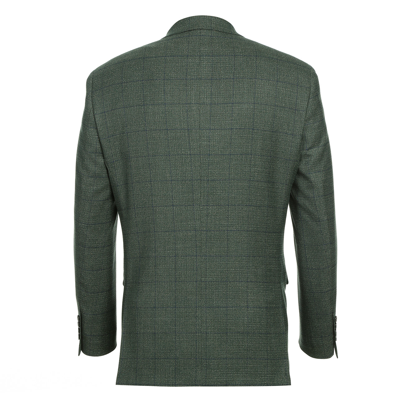 The Alessandro Vitello by Renoir New Slim Fit Green Blazer 294-36 features a dark green plaid, single-breasted design with two buttons, notch lapel, and flap pockets, shown on a mannequin with a white shirt and blue striped tie.