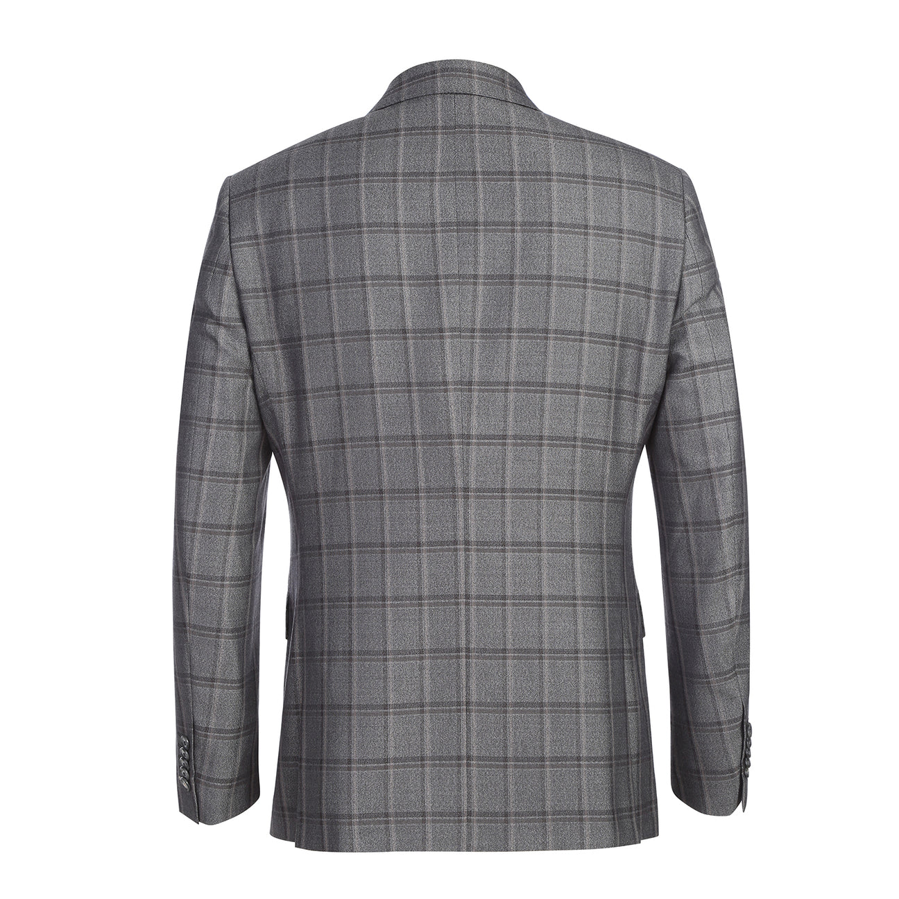 The English Laundry Double-breasted Gray Check Suit 22-50-092EL features peak lapels, matching buttons, and flap pockets, styled with a white dress shirt and red patterned tie for timeless men's formalwear.